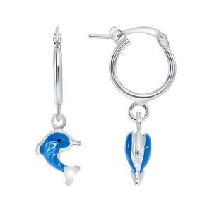 STERLING SILVER 925 RHODIUM PLATED ENAMELED DANGLE BLUE DOLPHIN HOOP EARRINGS